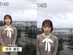 テレ朝で気象予報士の今井春花がパツパツに張った着衣巨乳を晒すの画像